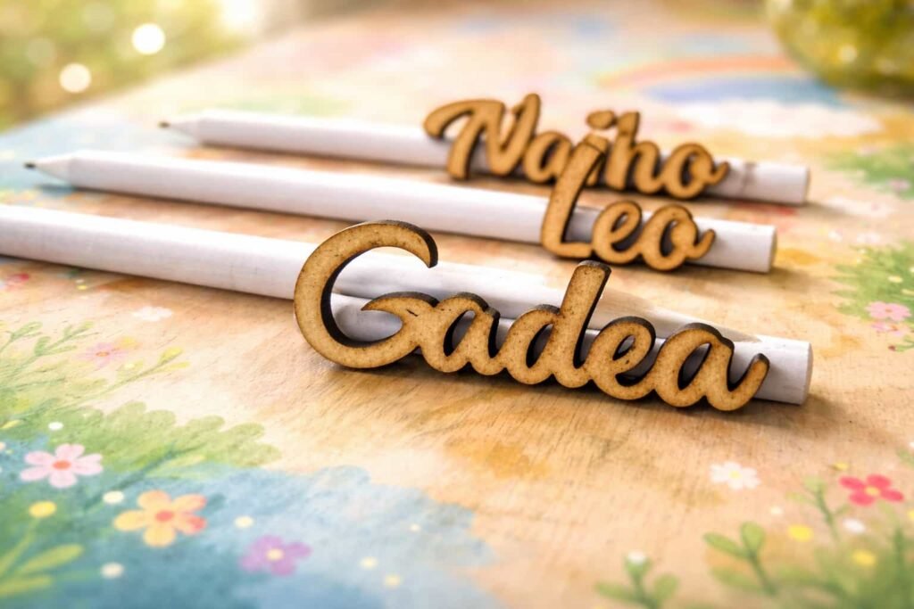 Lápices personalizados con nombre: tres lápices blancos con el nombre de cada niño en madera cortada con láser