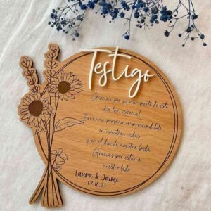 Placa de madera dedicatoria circular, colección Flores Grabadas