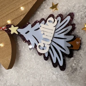 Adorno árbol de Navidad personalizado con nombre Guille en acrílico purpurina morada y azul