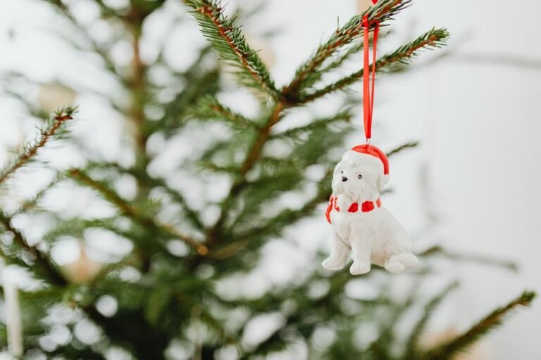 Perro junto al árbol con una bola de Navidad personalizada para perros con su nombre grabado