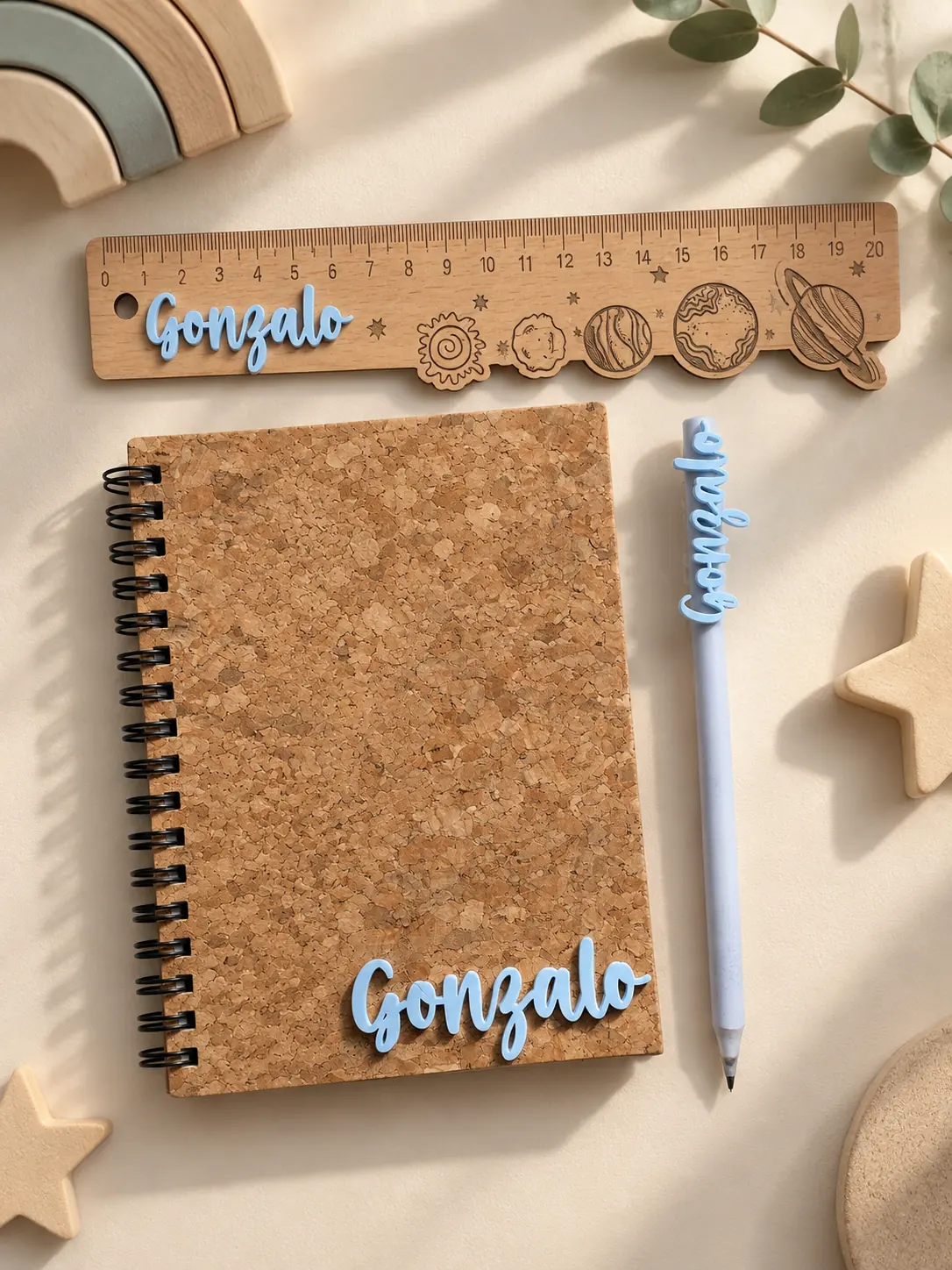 Pack escolar personalizado con nombre: libreta, regla y lapicero