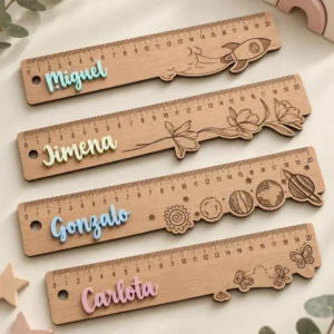 Reglas de madera con nombre en acrílico de color y dibujos de cohete, flores, planetas y mariposas