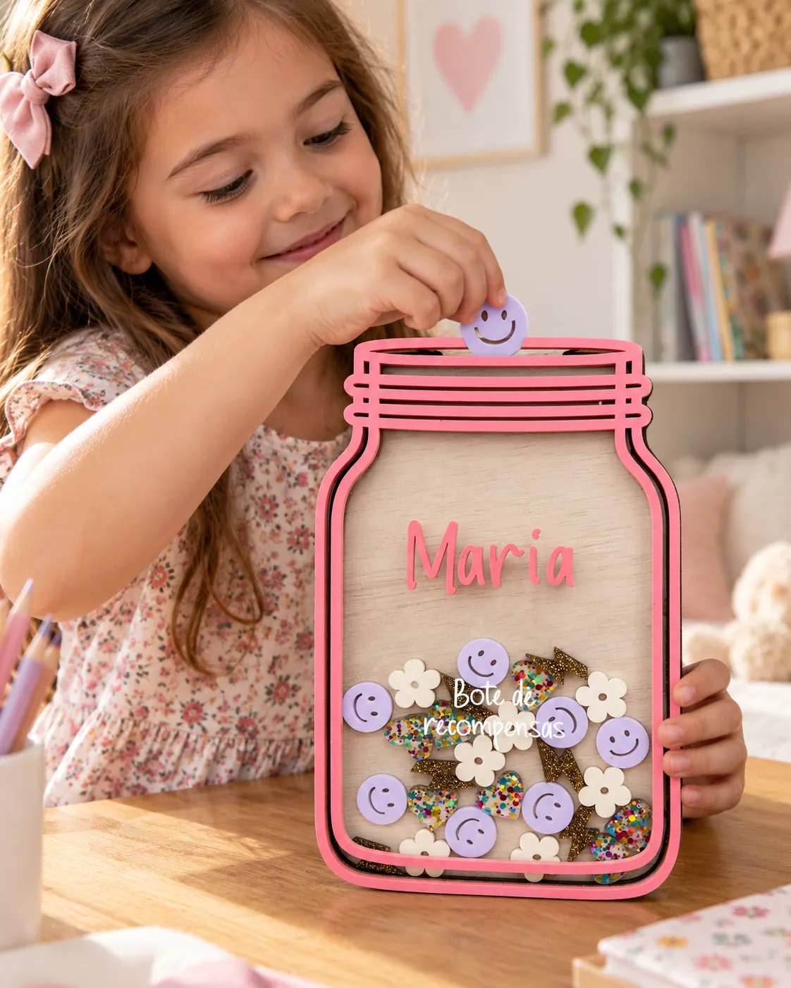 Bote de recompensas infantil de madera personalizado con nombre · Sonrisas y flores